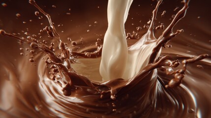 Chocolate splash in a bowl creates a rich cocoa swirl at a dessert preparation scene