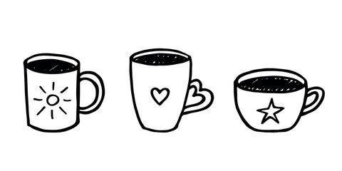 Set of cute hand drawn cup of tea or coffee Simple mug clipart Cozy home doodle Single element for design