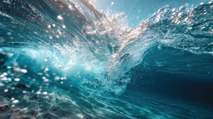 Water splashes and bubbles create a beautiful underwater scene in clear, sunny ocean conditions