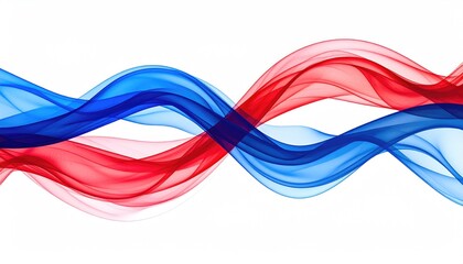 Flowing, intertwined ribbons in vibrant red and blue hues, creating a dynamic and fluid visual against a clean white background