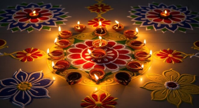 Diwali Diya (oil lamp) with colorful rangoli patterns on a festive table.