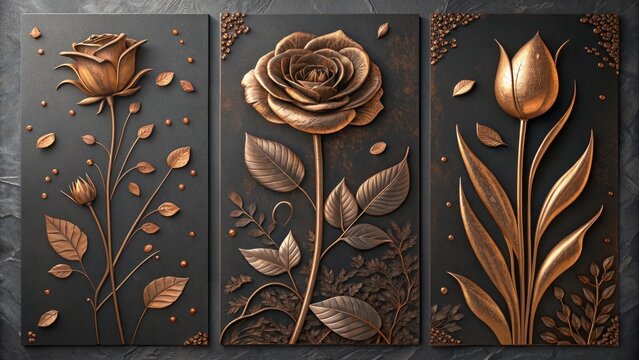 Elegant triptych of bronze flower relief sculptures against a dark textured backdrop