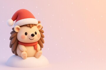 Cute 3D Christmas Hedgehog with Santa Hat on Snowy Background