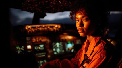 Woman pilot inside cockpit of aircraft during twilight with glowing instrument panel