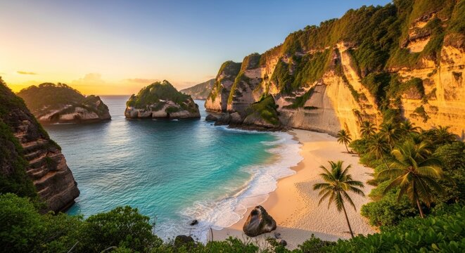 A stunning sunset over a rocky beach with palm trees and a clear blue ocean. - Powered by Adobe