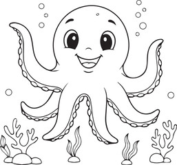 Cute Octopus Swimming Smoothly Under Calm Ocean Water line art one line art