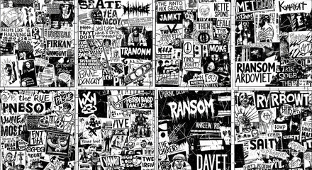 Grungy punk rock street art collage, black and white distressed chaotic pattern