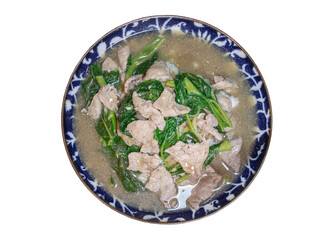 Wide Rice Noodles with Pork and Chinese kale in Gravy Sauce (Rad Na Moo) isolated on white background with clipping path. Selective focus.