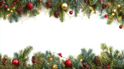 christmas border with tree branches lights cones and baubles festive banner isolated background