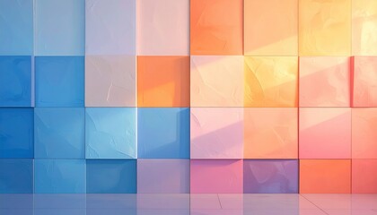 A mosaic of textured, colorful squares forms a dynamic background with subtle shadows and light reflections, creating a vibrant, abstract composition