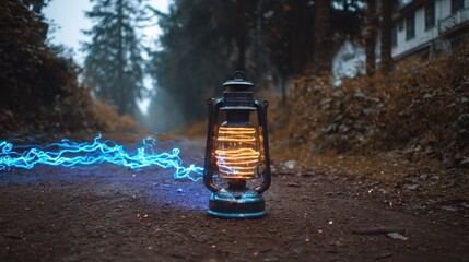 Lantern glowing in foggy woods with electric sparks on a silent path at dusk