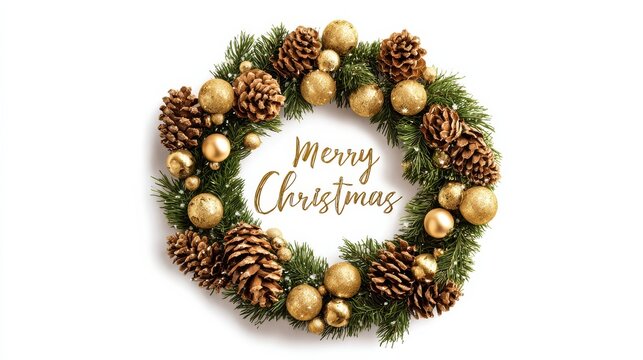 festive christmas wreath with pine cones and golden baubles on a white background with merry christmas text
