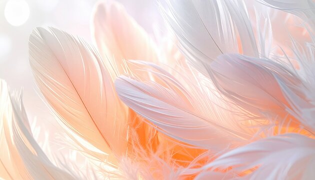 Close-up of delicate, fluffy feathers in soft hues of white and peachy-orange, creating a dreamy, ethereal composition with a blurry background