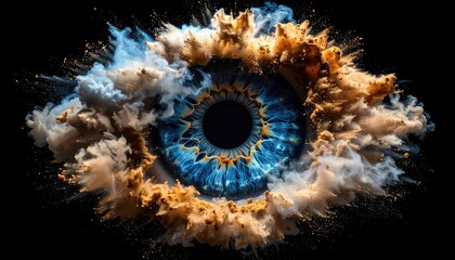 A close-up illustration of a realistic human eye with a brilliant blue iris, encircled by a cloud of colorful powder