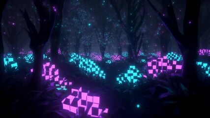 Enchanted Forest Floor with Glowing Neon Cubes Animation. - Powered by Adobe