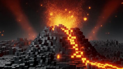 Futuristic Digital Volcano Erupting with Glowing Lava Cubes Animation. - Powered by Adobe