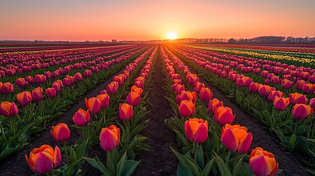 Captivating Rows of Bicolor Tulips at Sunrise: A Stunning Floral Landscape with Warm Hues and a Serene Horizon, Perfect for Spring and Nature Enthusiasts - Powered by Adobe