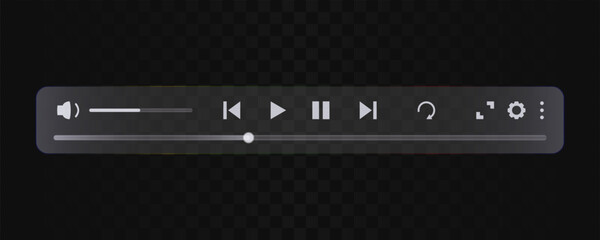 Video player bar or audio control panel in liquid glass style