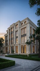 Obraz premium Elegant Stone Building with Landscaped Gardens at Dusk