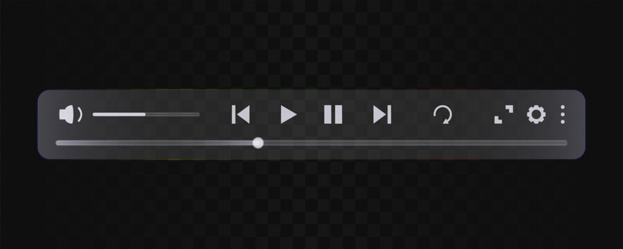Video player bar or audio control panel in liquid glass style