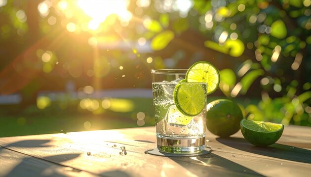 Refreshing lime drink in sunlight, with ice, sits on a wood table amidst vibrant greenery and sun-drenched bokeh - Powered by Adobe