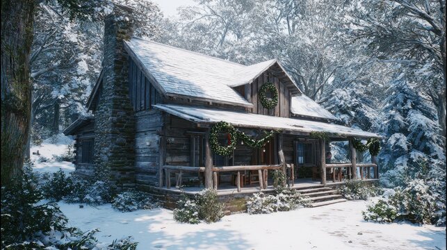 snowcovered rustic wooden cabin with smoking chimney and warm christmas wreaths