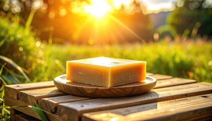 A sun-drenched, square bar of soap rests on a wooden plate, placed atop a rustic wooden surface in a vibrant green meadow