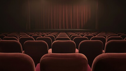 Obraz premium Empty Cinema Auditorium with Red Velvet Seats and Curtains
