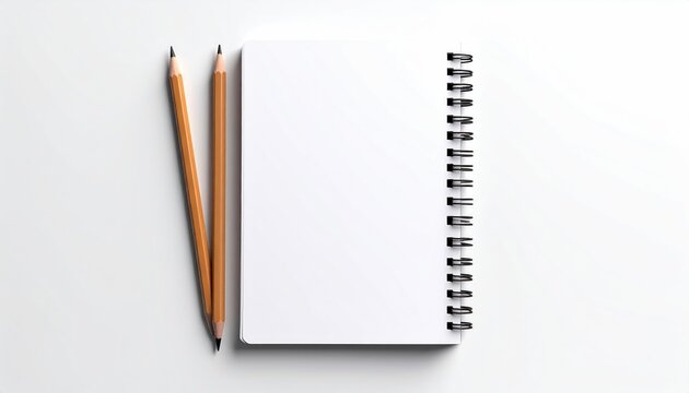 A flat lay photograph features a blank, spiral-bound notebook open to a white page. Two wooden pencils sit beside the notebook - Powered by Adobe