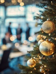 close up of decorated christmas tree in office with business people working in background xmas celebration in corporate office detail of christmas balls and lights with working office no logos no bra