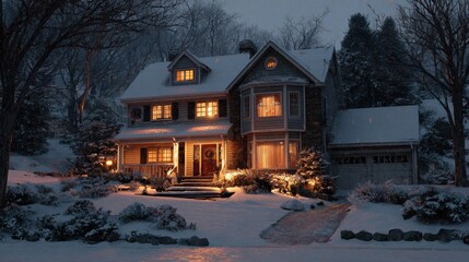 a house with lights on it in the snow