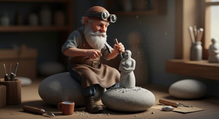 A skilled sculptor working on a stone statue in a cozy workshop.