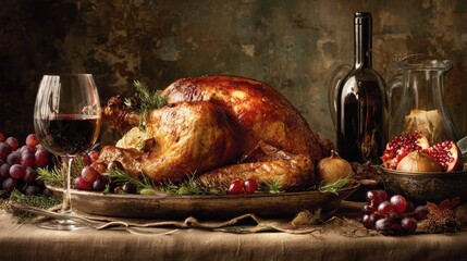 roasted turkey centerpiece on a festive table with wine and holiday decorations
