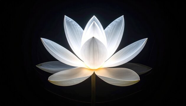 A luminous white flower, illuminated against a stark black background, showcasing delicate petals and serene elegance - Powered by Adobe
