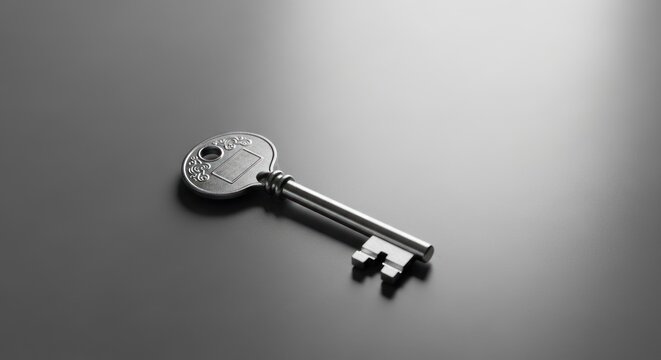 A silver key with a decorative emblem on a dark background. - Powered by Adobe
