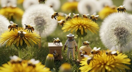 A beekeeper and bees in a field of dandelions.