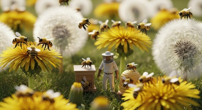 A beekeeper and bees in a field of dandelions.
