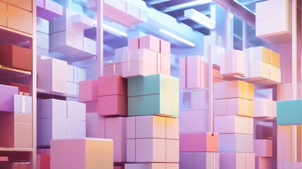 Colorful pastel boxes stacking in modern warehouse shelving