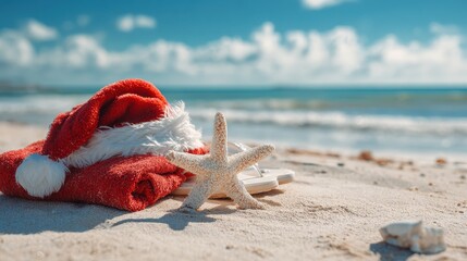 santa hat white flip flops and red towel and white sea star on the beach closeup sunny day copy space