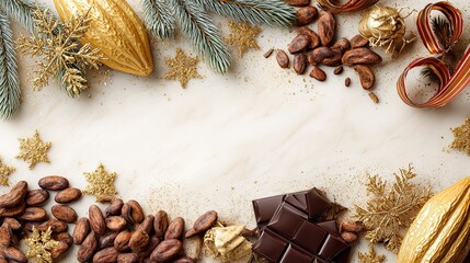 Golden Christmas and New Year Chocolate Composition with Cocoa Beans and Winter Holiday Ornaments
