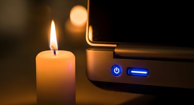 A lit candle placed next to a modern electronic device with a glowing power button in a dimly lit environment creating a warm and calming atmosphere