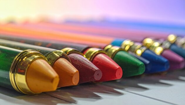 Close-up of a colorful array of wax writing tools, their tips in a row, with warm sunlight and soft blur background - Powered by Adobe