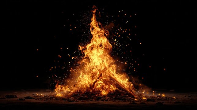 Flickering flames dance brightly in a dark night during a cozy outdoor gathering around a bonfire