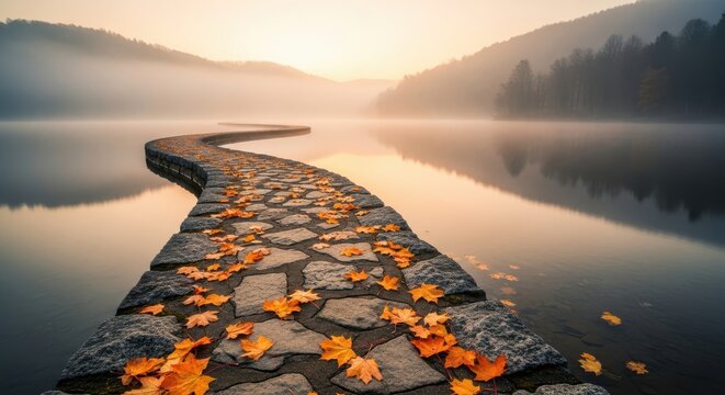 Serene landscape path with autumnal hues leading to a misty lake horizon