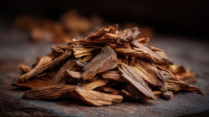 Natural wood chips arranged on a dark wooden surface showcasing texture and earthy colors