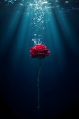A single red rose floats underwater as light beams shine through the surface, creating a dramatic and serene atmosphere.