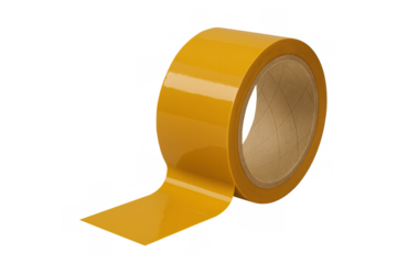 Yellow adhesive tape roll unrolling, ready for use in packing, sealing, or general repairs, showing glossy surface