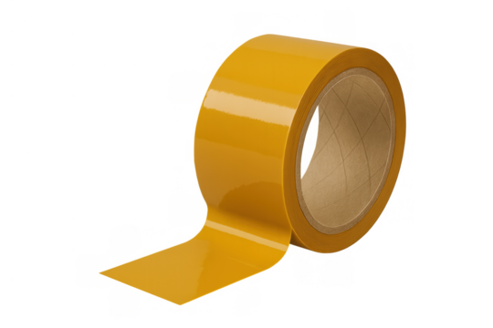 Yellow adhesive tape roll unrolling, ready for use in packing, sealing, or general repairs, showing glossy surface
