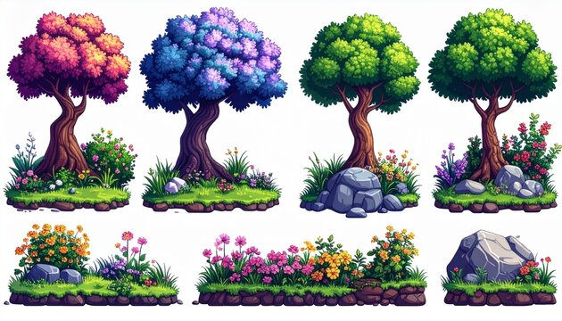 Pixelated Nature Elements Featuring Trees Rocks and Waterfalls. A collection of pixel