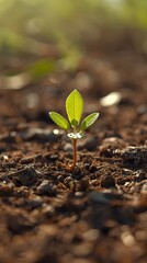 Close-up of a young green seedling growing in warm soil, illuminated by soft sunlight, symbolizing growth, nature, and new beginnings.